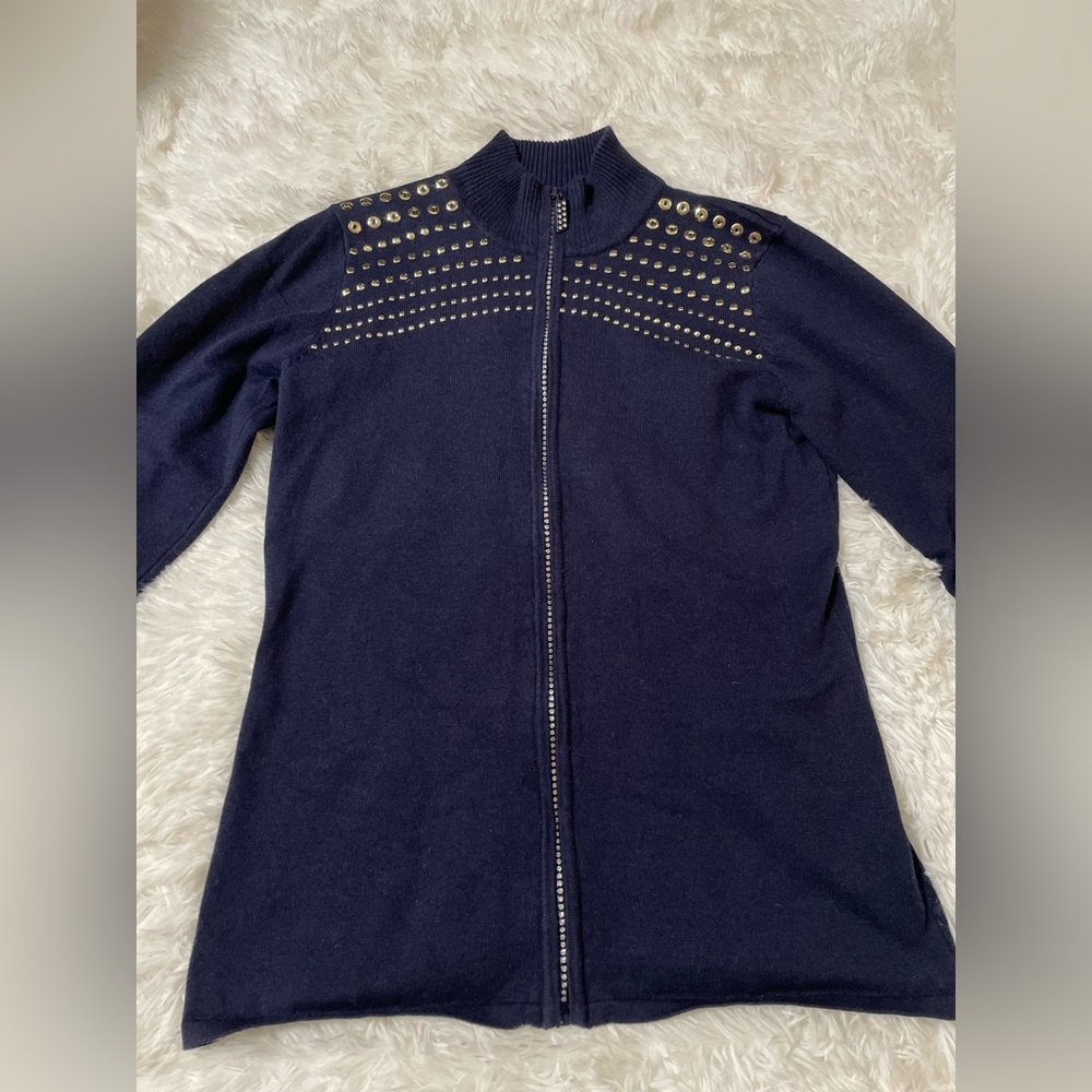 Belldini Mob Wife Bling Studded Y2K Preppy Rhinestone Zip Up Sweater Navy Blue M - Picture 2 of 9